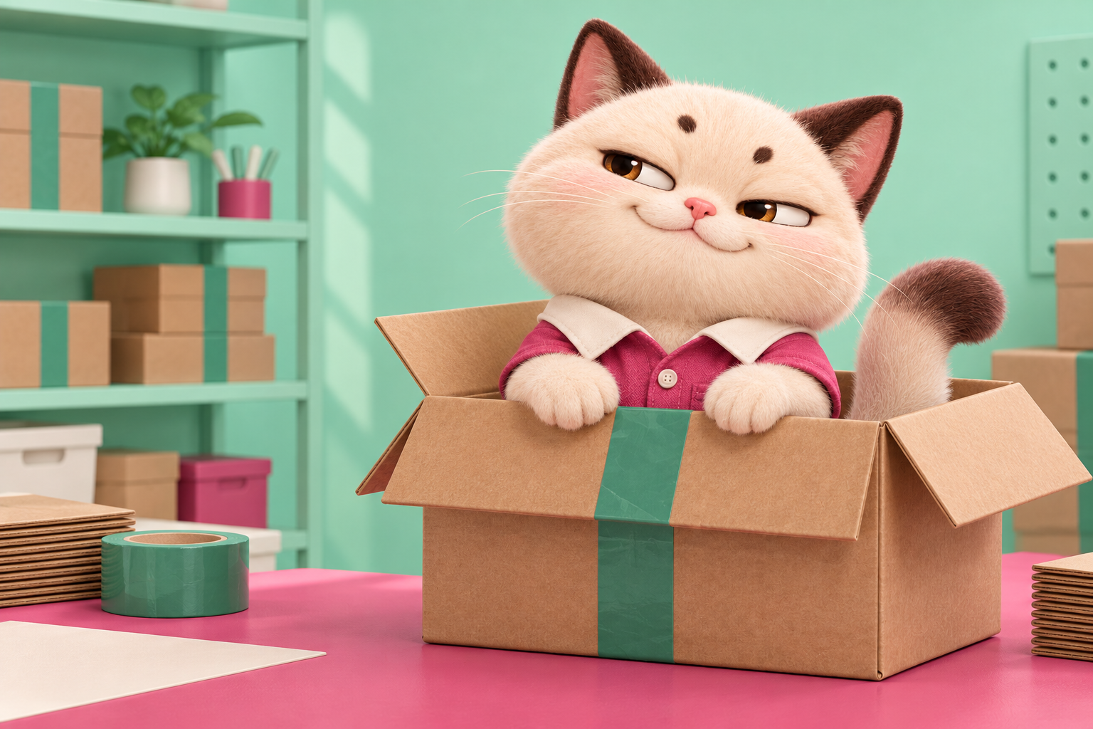 A cream cat in a raspberry dispatch shirt proudly occupying a jade-taped cardboard box.
