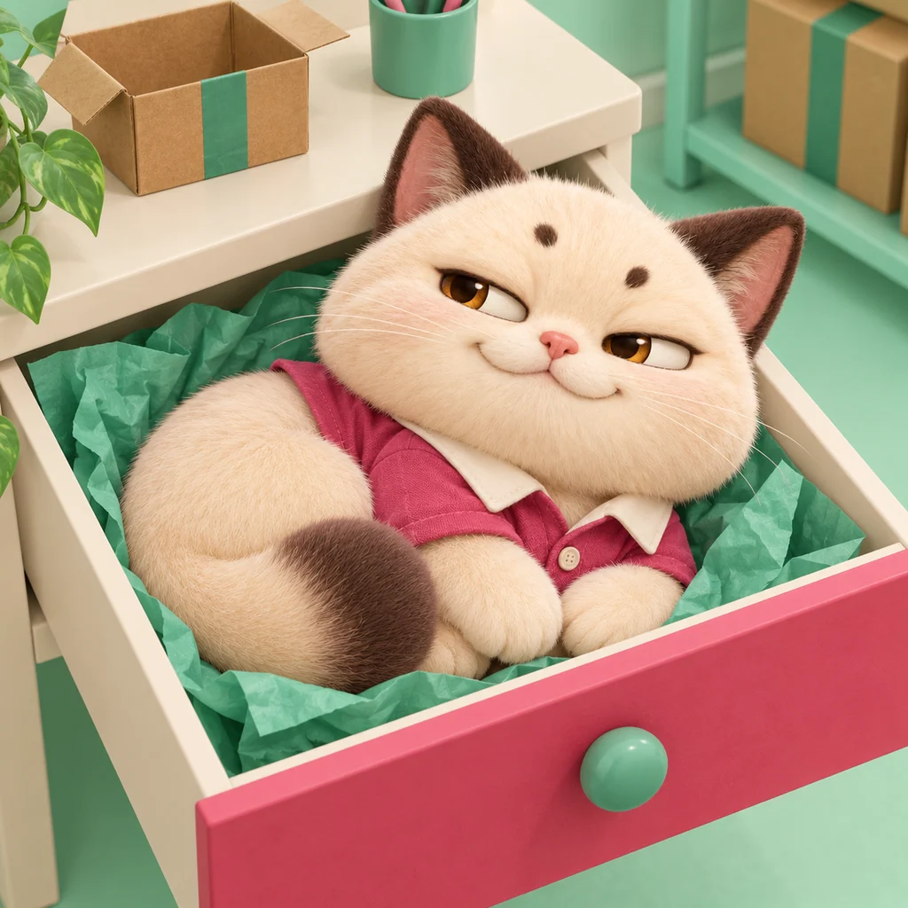 Cat occupying a drawer lined with jade packing paper.