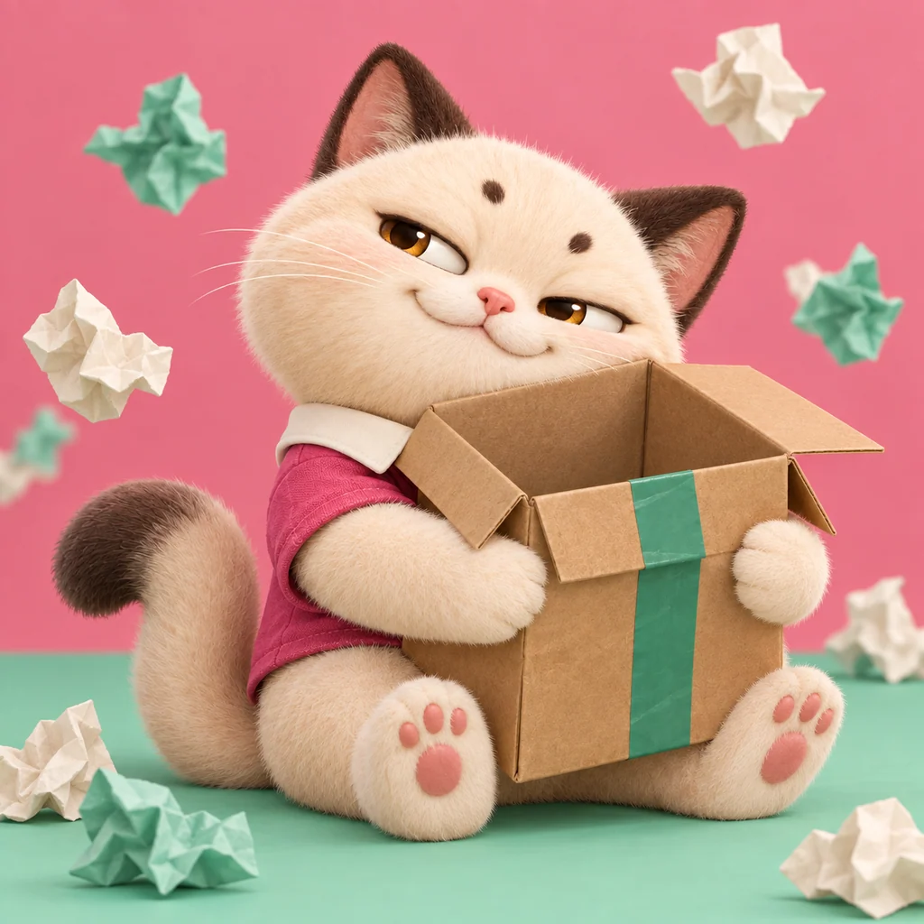 Cat hugging an empty cardboard box among loose packing paper.
